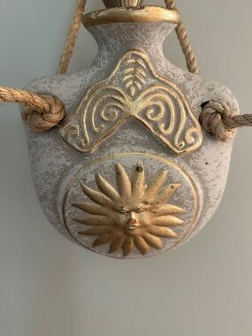 Decorative Celestial Sun Embossed Ceramic Wall Hanging - White & Gold